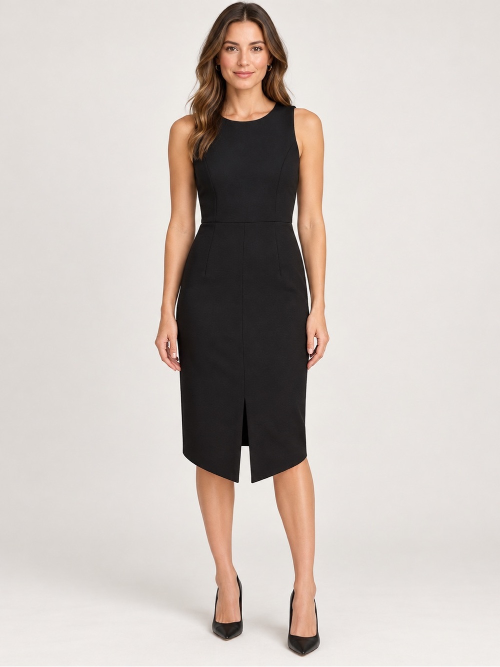 Express Black Sleeveless Midi Sheath Dress with Front Slit and Slits at Shoulder
